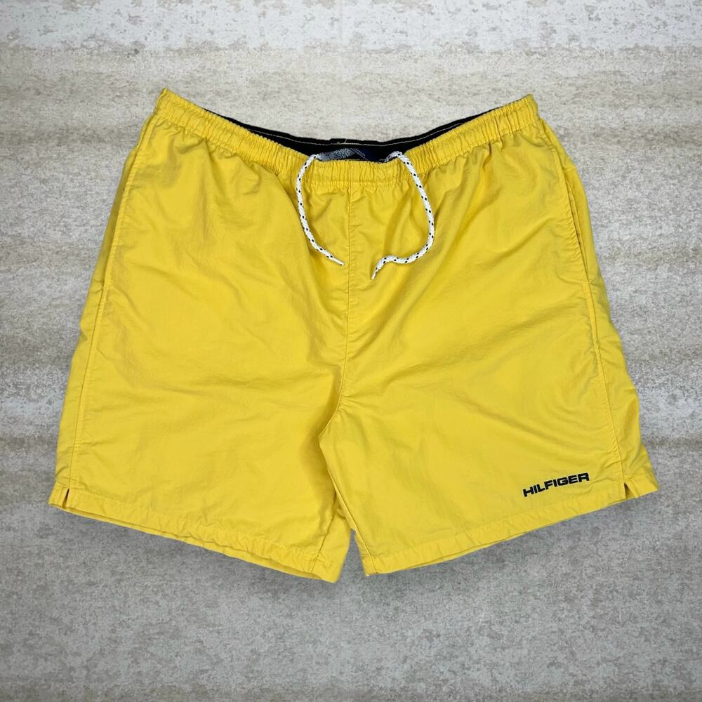 Vintage 90s Tommy Hilfiger Swim Shorts Mens XL Banana Yellow Spellout Logo